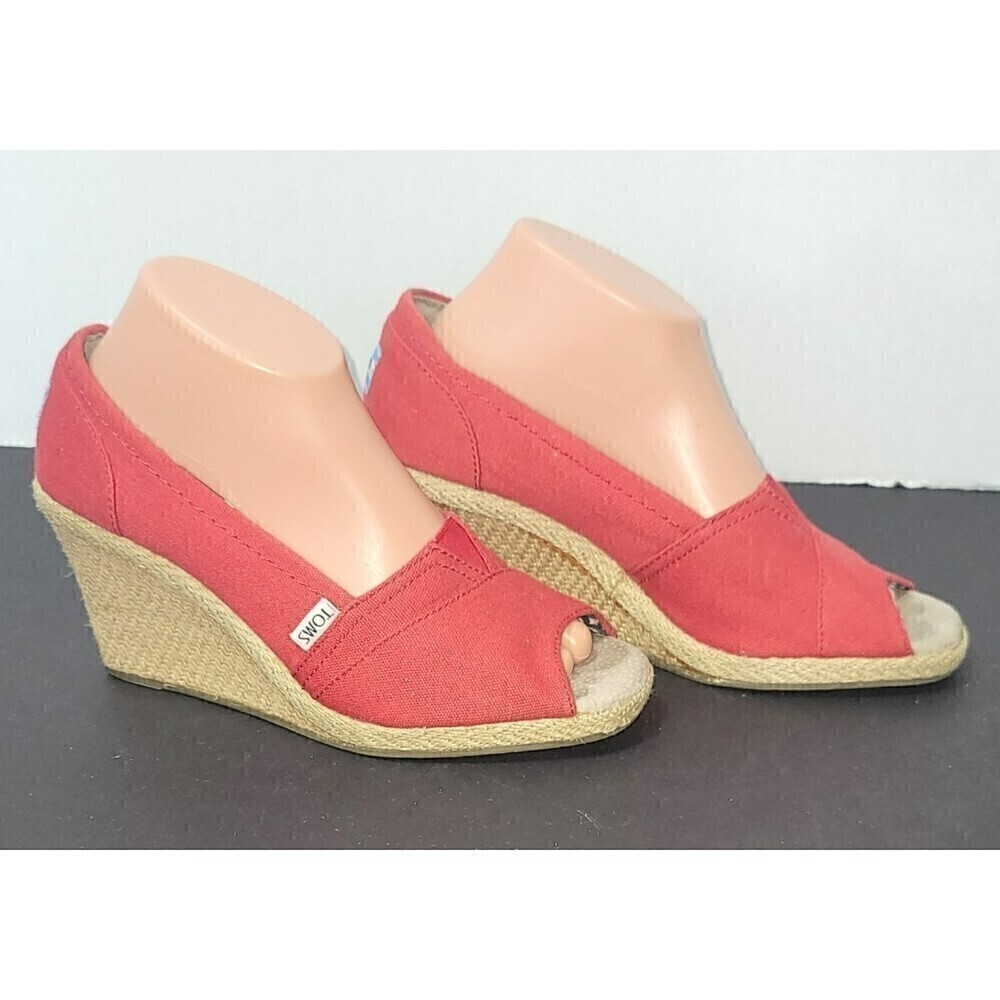 Tom's Red Canvas Wedge Espadrille - Size 9